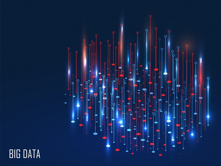 Vector red and blue shining magic lights on background for big data concept.