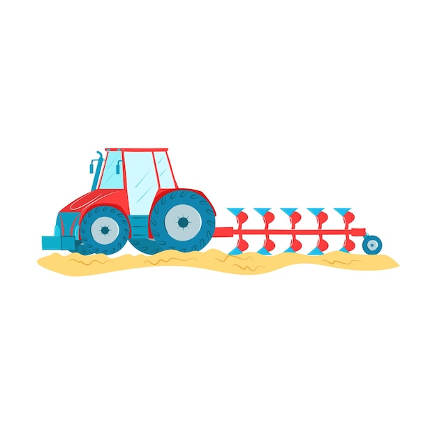 Red blue tractor plowing sandy field Modern agriculture machine working farm Farming equipment