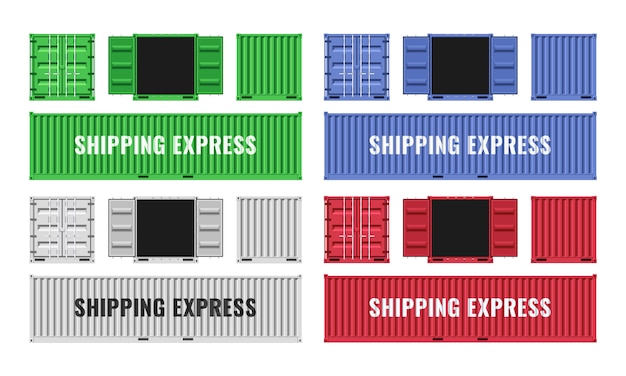 Red, blue, white and green shipping cargo metal containers.