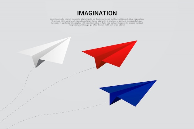 Red blue and white origami paper airplane flying