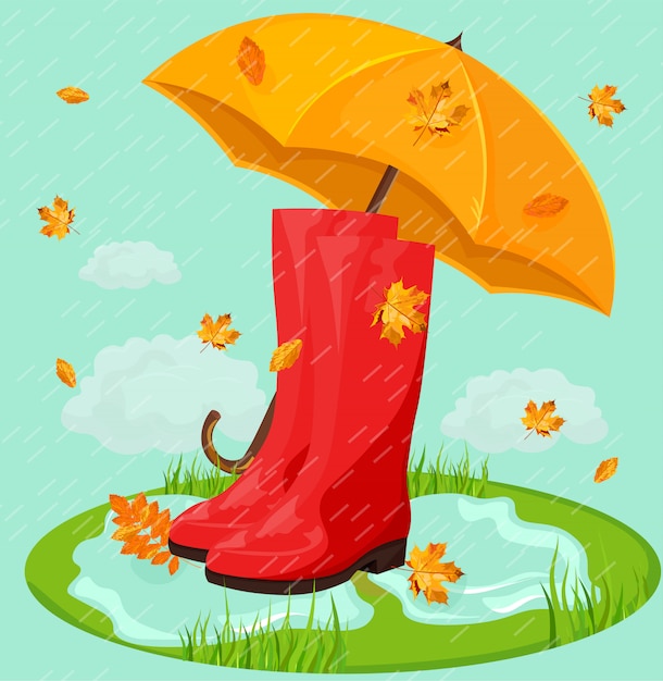 Red boots in rain and umbrella