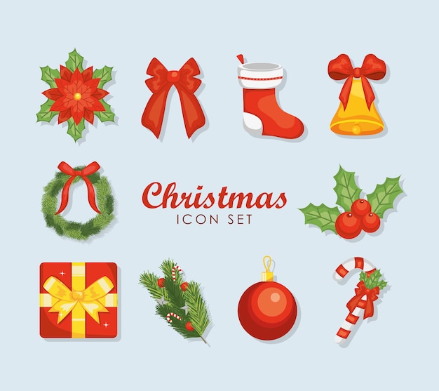 Red bow and christmas icon set over blue background