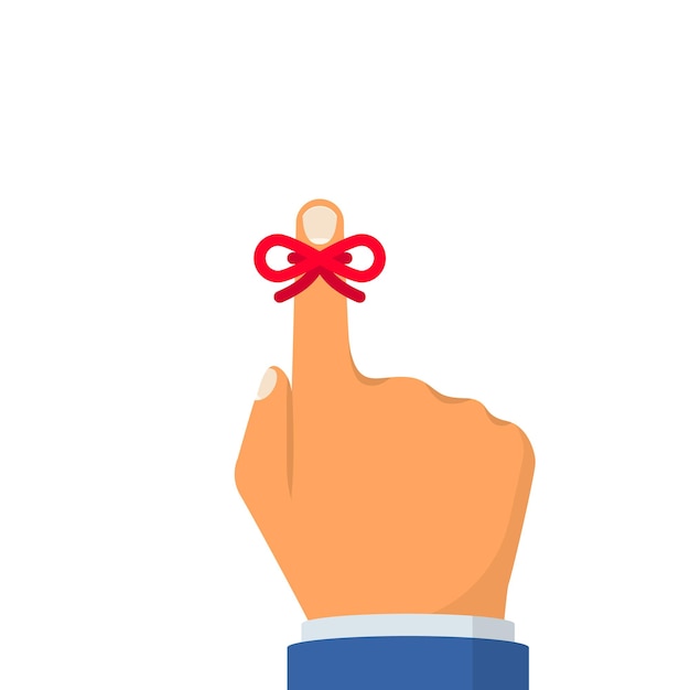 Vector red bow ribbon on hand on index finger reminder icon forefinger with red ribbon important symbol vector illustration flat design isolated on white background forgetfulness