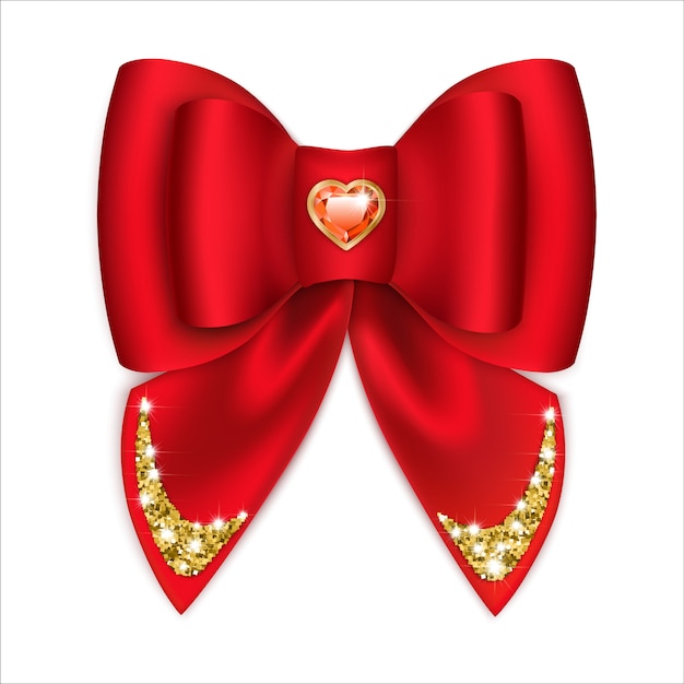 Red bow with rhinestones. Holiday decoration. Isolated