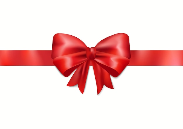 Red Bow with Ribbon and transparent shadow on white background Realistic design Decorative gift Vector