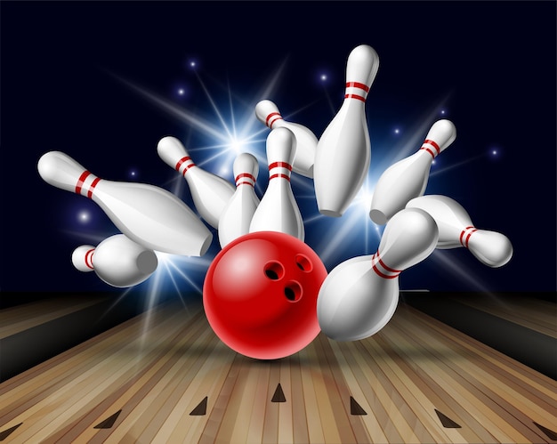 Vector red bowling ball crashing into the pins on bowling alley