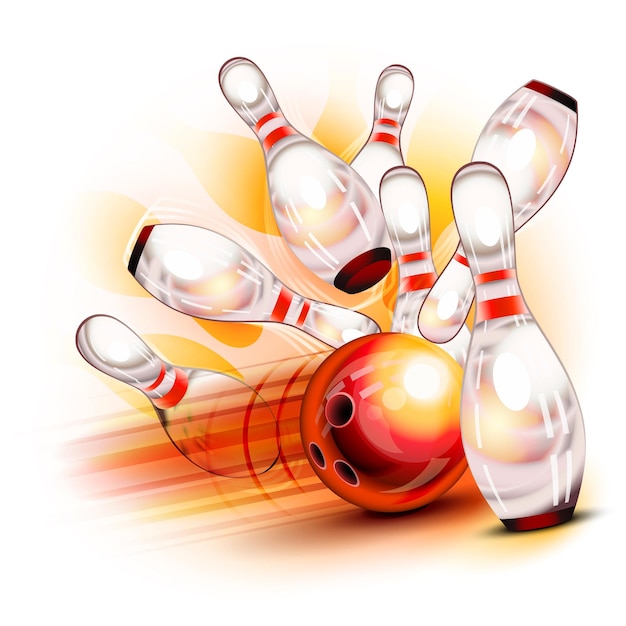 A red bowling ball crashing into the shiny pins