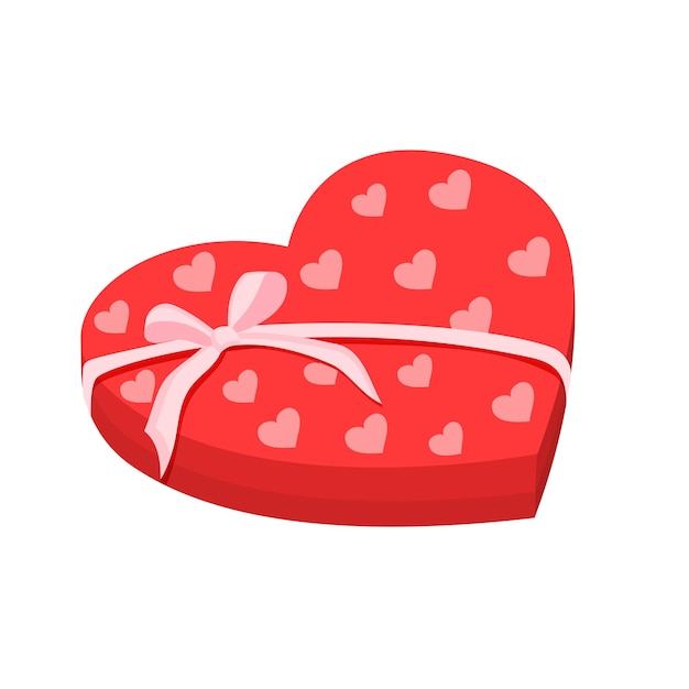 Red box in the shape of a heart with a pink bow for sweets Vector illustration of gift wrapping