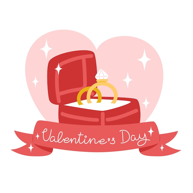 벡터 플랫 스타일의 발렌타인 데이를 위한 커플 링이 있는 빨간색 상자