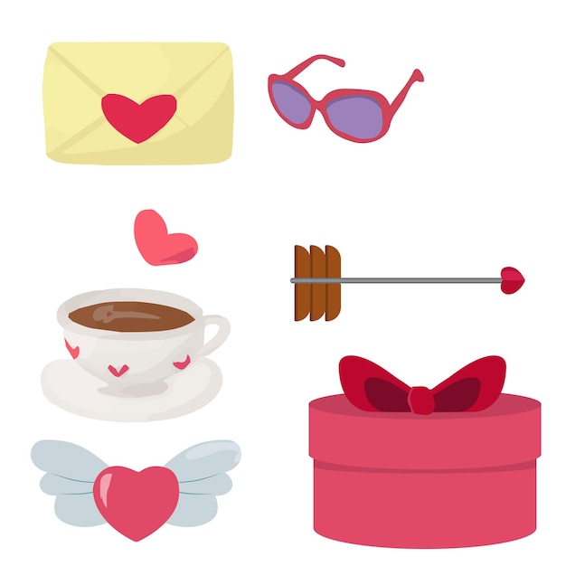 A red box with a red bow and a cup of coffee and a heart.