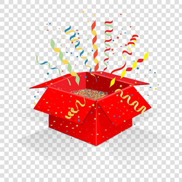 Vector red box with serpentine and confetti.