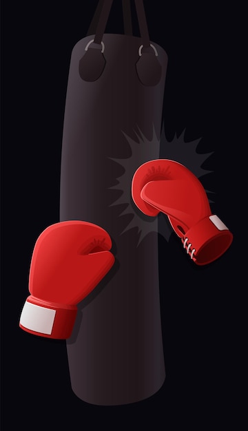 Red boxing gloves punch a pear Boxing gloves are punching a wall with a black background