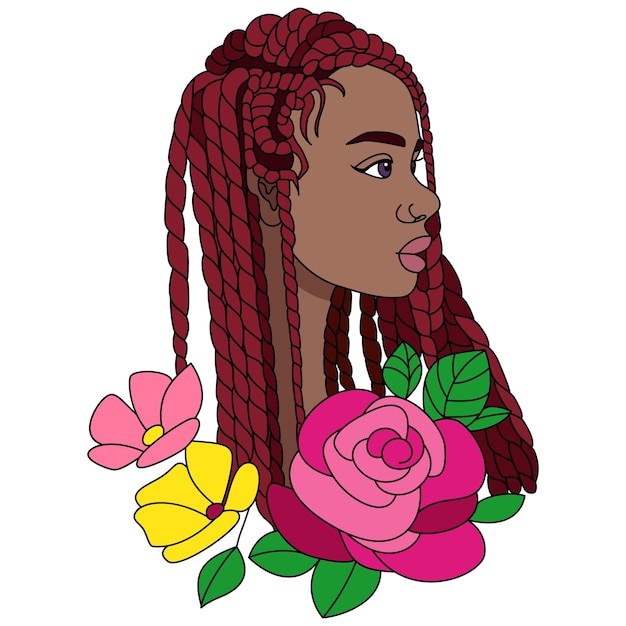 Vector red braids african black woman with some flowers afro girl hairstyle vector coloring illustration