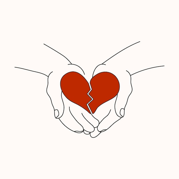 Red broken heart in hands Reconciliation concept Line art style Vector illustration