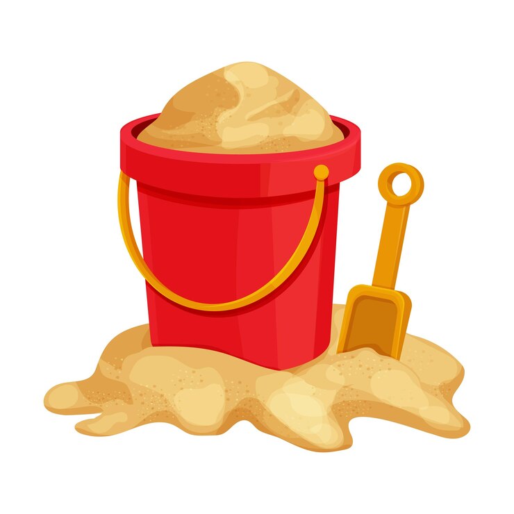 Vector red bucket with shovel on golden sand toys in cartoon style isolated on white background