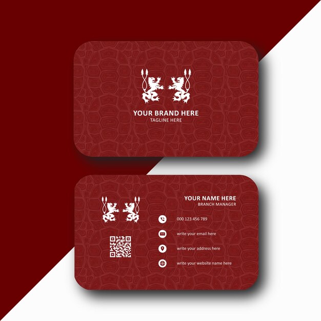 Red business card with white details