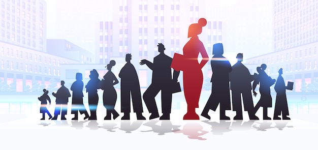 Vettore rosso silhouette imprenditrice leader in piedi di fronte a imprenditori gruppo leadership business concorrenza concetto paesaggio urbano sfondo figura intera illustrazione