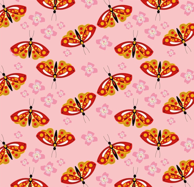 赤い蝶のグループパターン