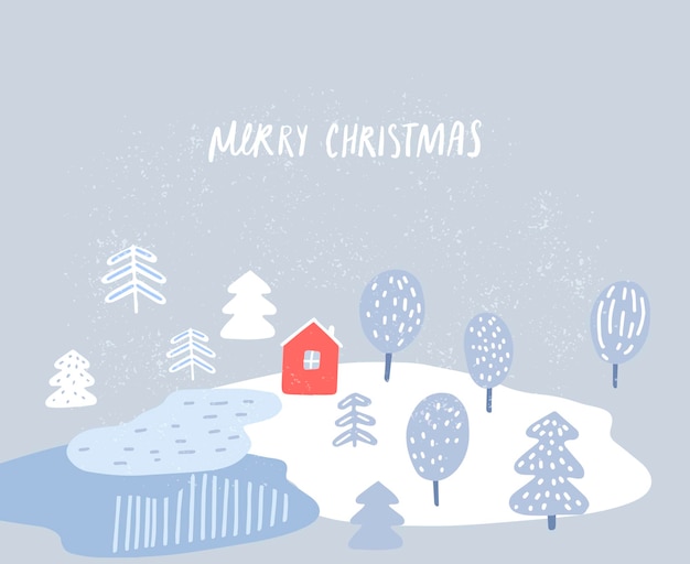 Vector red cabin in winter forest scandinavian landscape christmas minimalist illustration for greeting card vector design