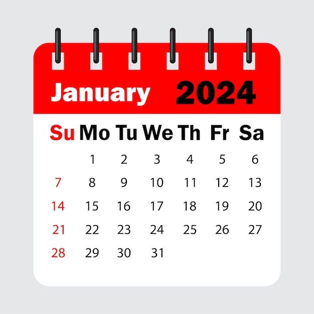 レッドカレンダーリーフスプリング。 2024 年 1 月のカレンダーです。曜日を含むカレンダー シート。