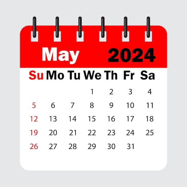 Red calendar leaf spring. May 2024 calendar. Calendar sheet with days of the week.