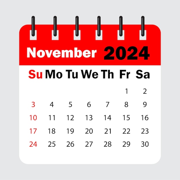 Red calendar leaf spring. November 2024 calendar. Calendar sheet with days of the week.