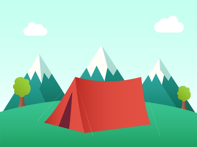 Red Camping Tent With Mountains And Trees On Green Background