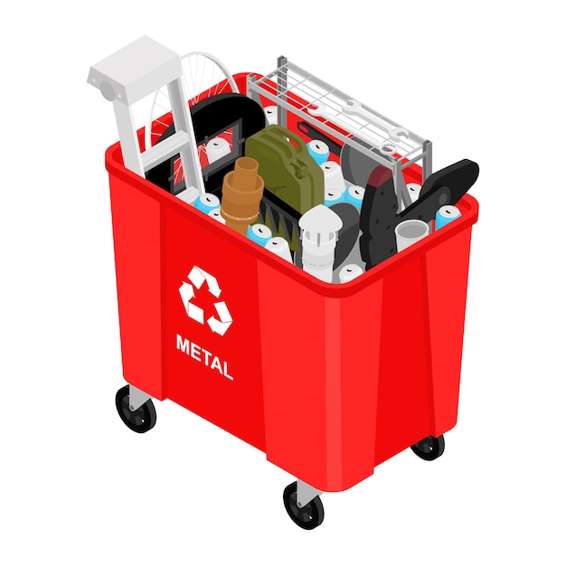 Red can with sorted metal garbage vector icon Recycling garbage separation
