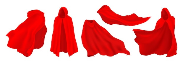 Red cape with hood. realistic superhero cloak, vampire and illusionist silk party costume. vector illustration red decorative clothes set on white background