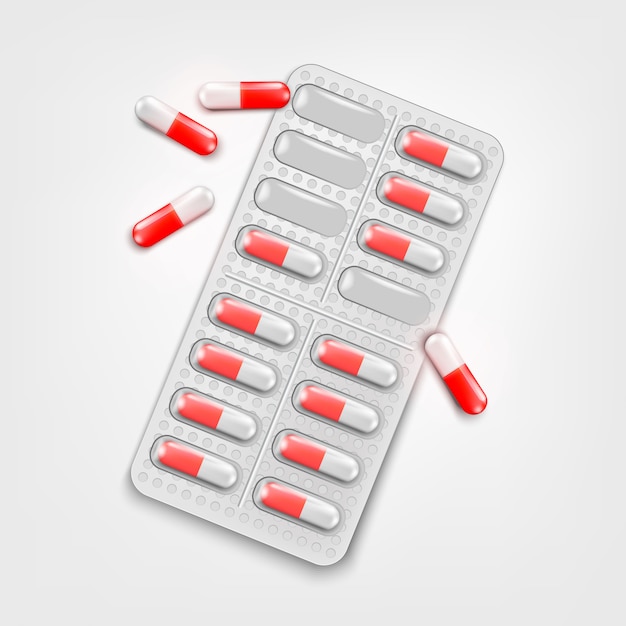 Красные капсулы таблетки в пластиковом блистере. пакеты двухкусочных твердых капсул фармацевтические на белой предпосылке. иллюстрация