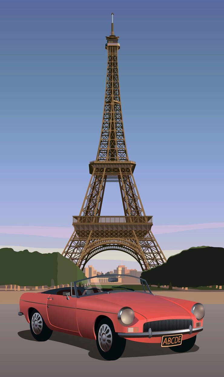 Vector red car against the background of the eiffel tower vector