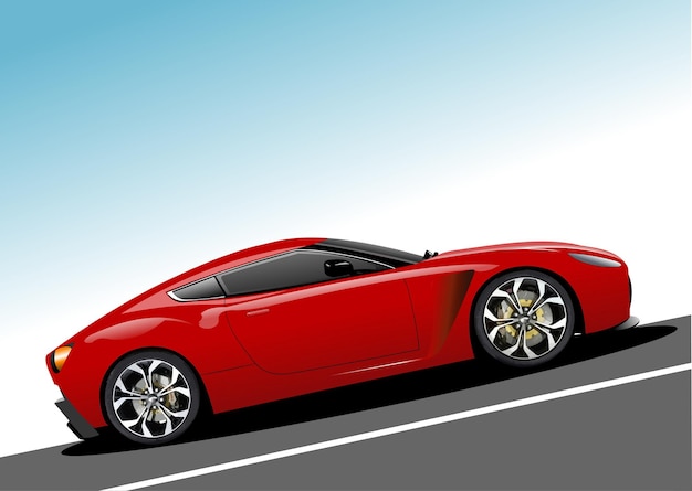 Red car coupe on the road 3d vector color illustration