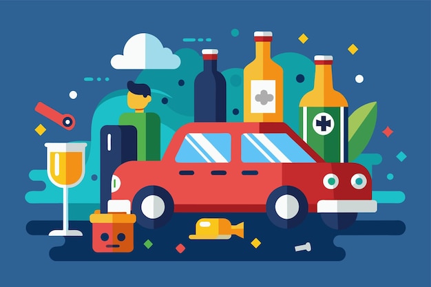 Vector a red car sits amongst a scattering of bottles and glasses illustrating the dangers of drunk driving illustrate the concept of customer segmentation in digital advertising