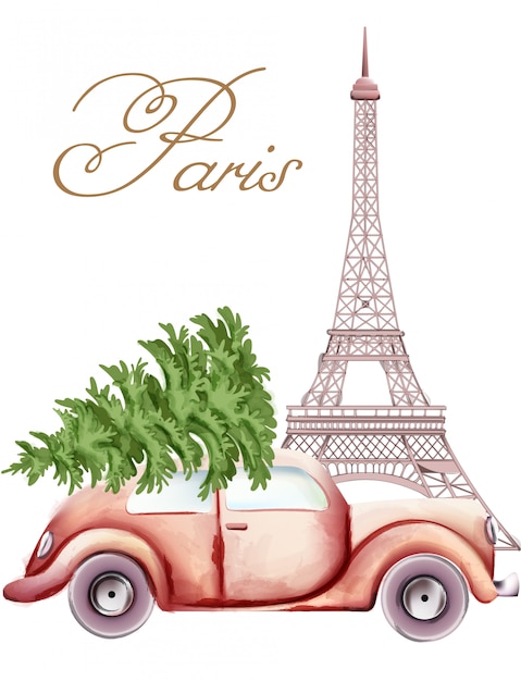 Vector red car with christmas tree on top passing by the eiffel tower