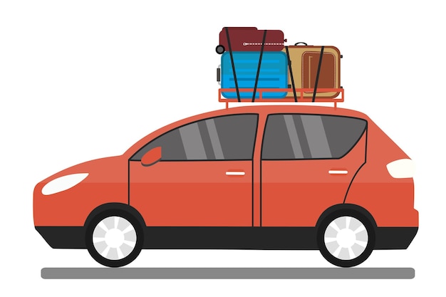 Vector red car with luggage on roof family vacation transport isolated on white background flat vector