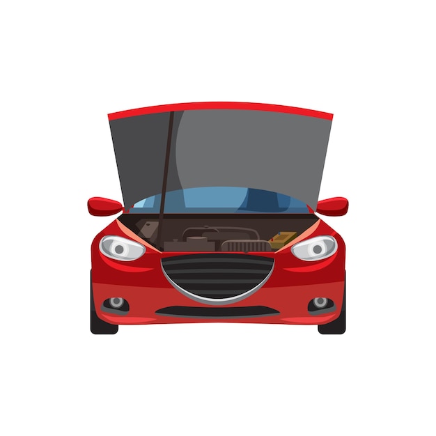 Vector red car with an open hood icon in cartoon style on a white background