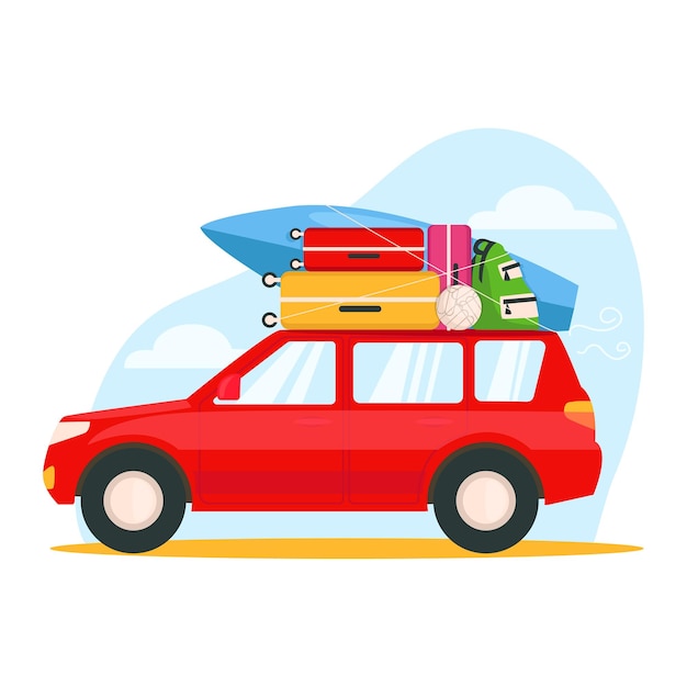 The red car with things goes on vacation Suitcases a surfboard a backpack a ball