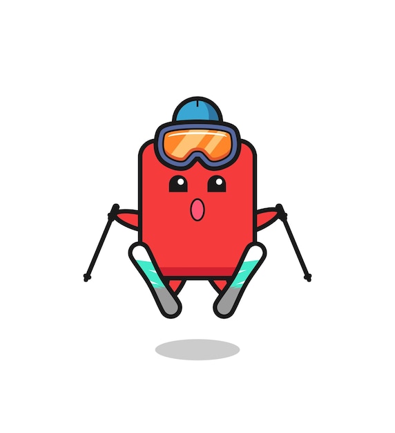 Персонаж талисмана красной карты как лыжник, милый стиль дизайна для футболки, наклейки, элемента логотипа