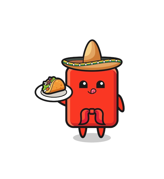 Cartellino rosso mascotte del cuoco unico messicano che tiene un taco