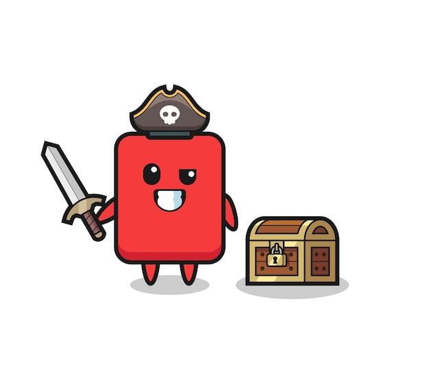 The red card pirate character holding sword beside a treasure box