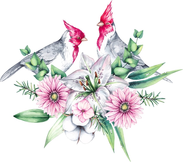 Vector red cardinal bird bouquets and wreaths on white