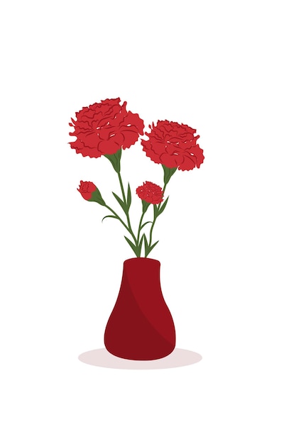 Red carnations bouquet in a vase Flat vector illustrationCollection for Mother's Day victory day