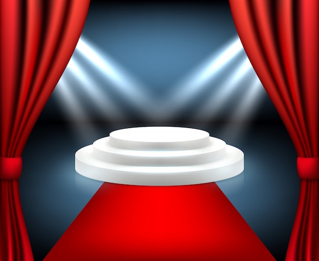Red carpet award. Stairs to podium event winner stage with lighting festival interior realistic red carpet