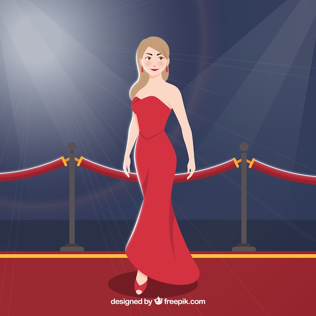 Vector red carpet design with woman wearing red dress