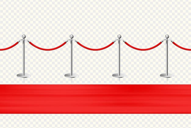 Red carpet and silvery barriers front view. Realistic isolated fence on transparent background.