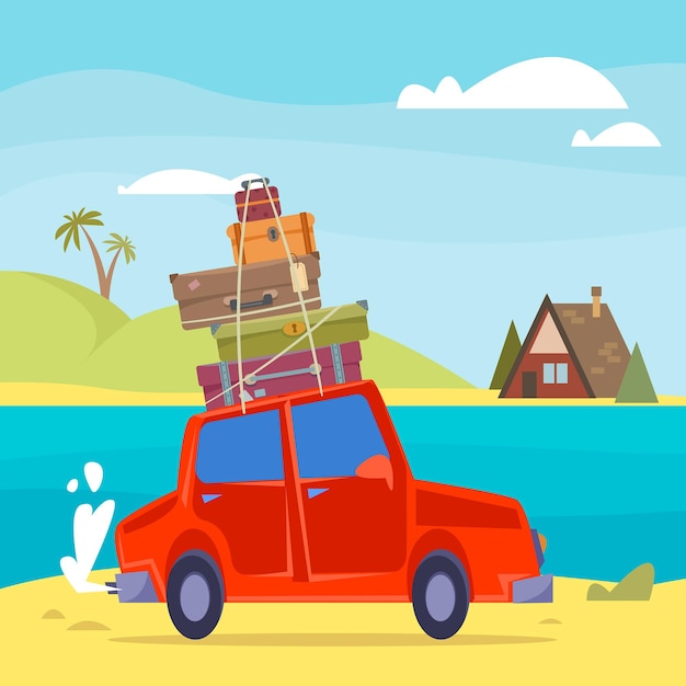 Vector red cartoon car with suitcases on the roof goes on vacation background of the sea