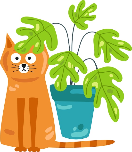 赤猫が鍋の花の下に隠れている ジョーカー猫 ベクターイラスト