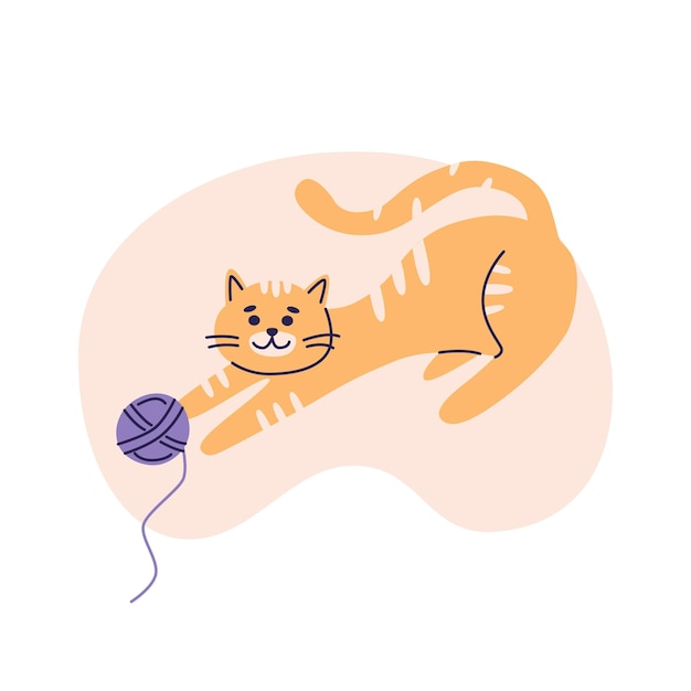 Red cat plays with a ball of yarn Flat vector illustration in trendy colors isolated