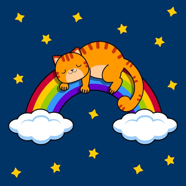 Red cat sleeps on a rainbow Night sky and starsVector illustration