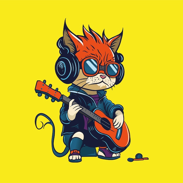 Vector red cat with guitar and using guitar